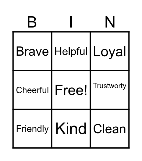 Scout Law Bingo Card