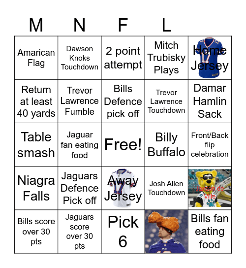 Bills/Jaguars Bingo Card