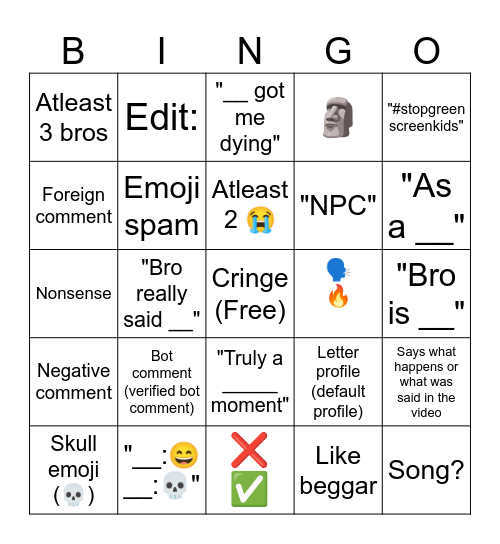 Worst Comment Section Bingo (Free to use) Bingo Card