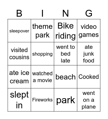 Holidays Bingo Card