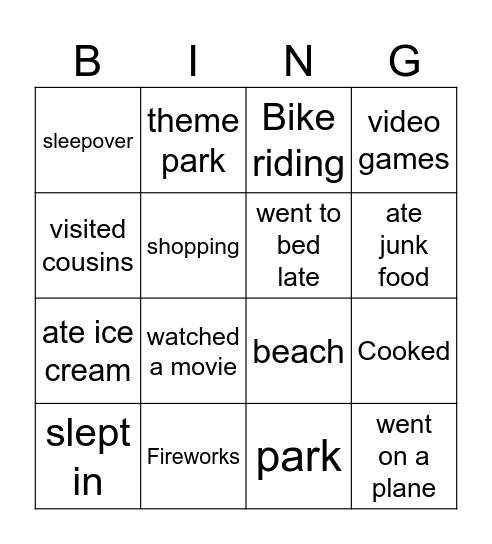 Holidays Bingo Card