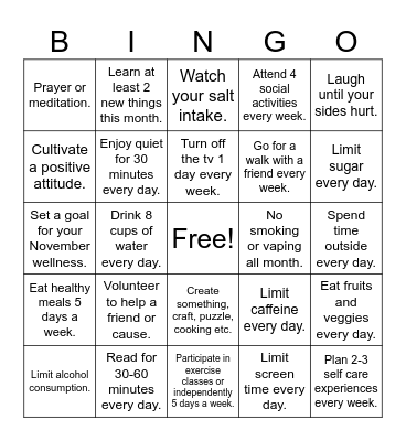 Wellness Star Performer Bingo Card