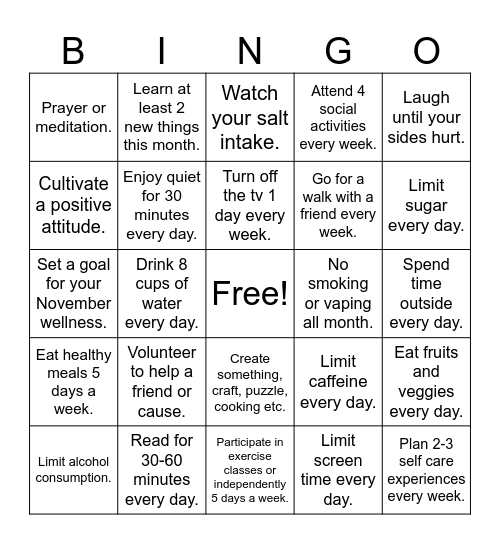 Wellness Star Performer Bingo Card