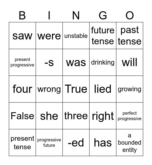 Tense and Aspect Bingo Card