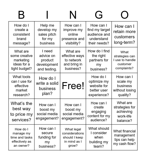 Bingo for Business Bingo Card