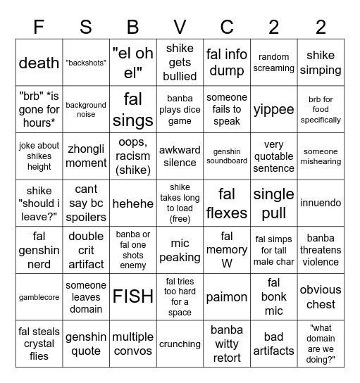 Fal, Shike, Banba vc Bingo Card