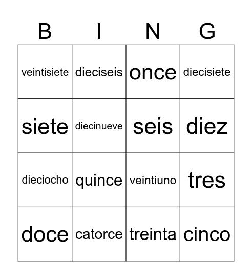 Numbers 1 - 31 Bingo Card