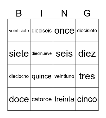 Numbers 1 - 31 Bingo Card