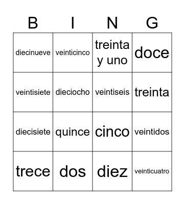 Numbers 1 - 31 Bingo Card