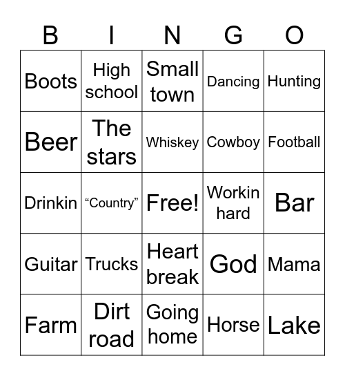 Country Songs Bingo Card