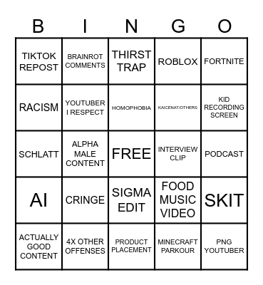 YOUTUBE SHORTS BINGO Card