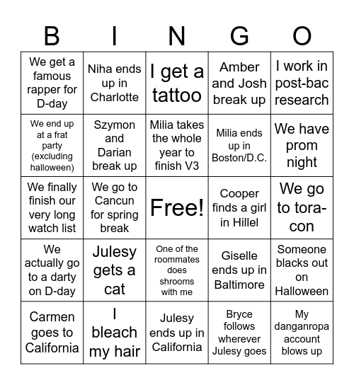 Senior Year Bingo Card