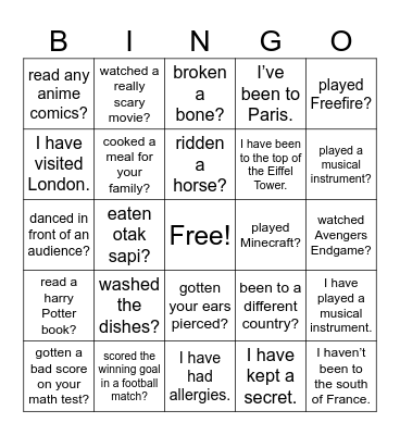 Present Perfect Bingo Card
