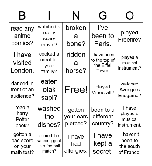 Present Perfect Bingo Card