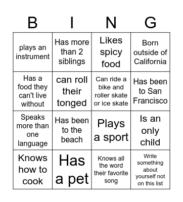 Get to know you Bingo Card