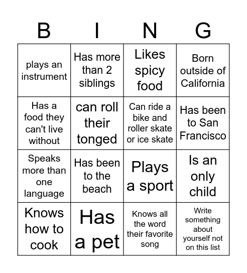 Get to know you Bingo Card