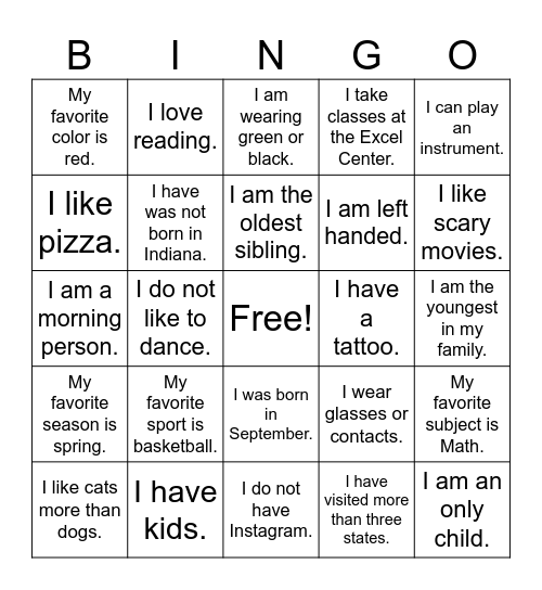 Class Bingo Card