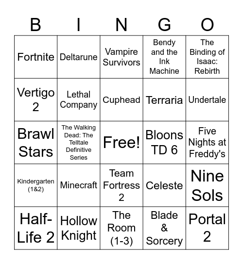 Favorite Video Game bingo Card