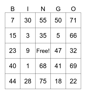 NUMBER BING0 Bingo Card