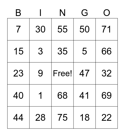 NUMBER BING0 Bingo Card