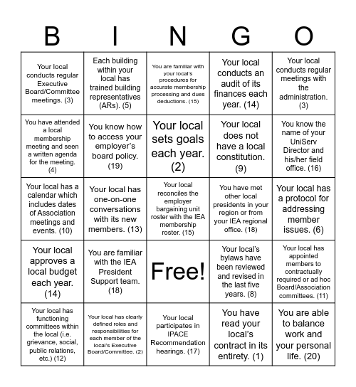 President Bingo Card