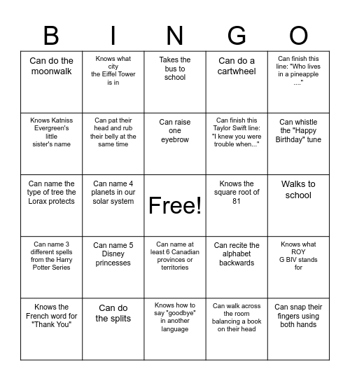 Student Bingo Card