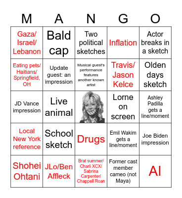 SNL Season 50 Premiere! Bingo Card