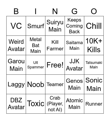 The Strongest Battlegrounds Kills Bingo Card