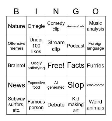 Youtube Shorts Bingo Card