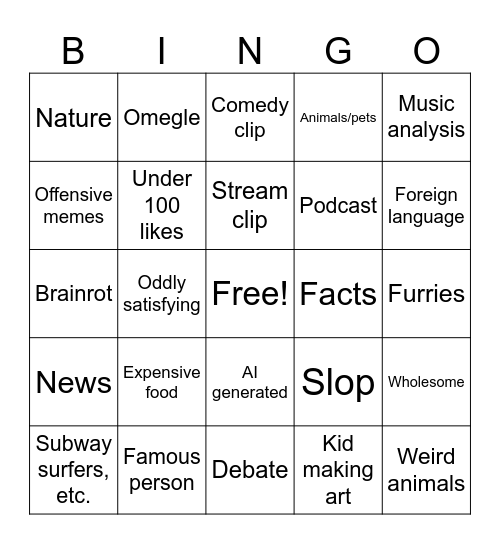 Youtube Shorts Bingo Card