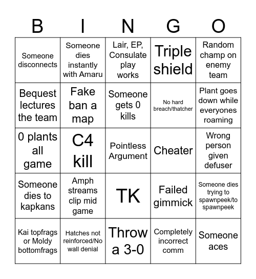 Siege Bingo Card