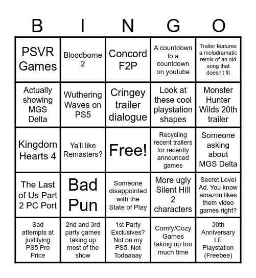 State of Play Sep. 24th 2024 Bingo Card