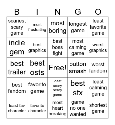 G          A           M          E Bingo Card