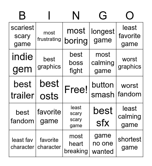 G          A           M          E Bingo Card