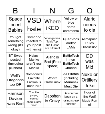 BattleTech Discord Server Bingo Card