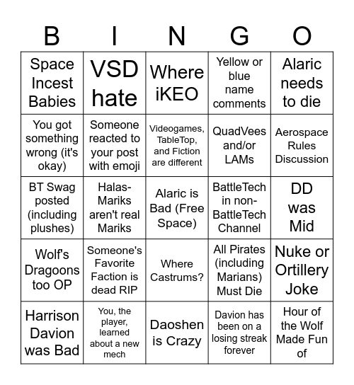 BattleTech Discord Server Bingo Card