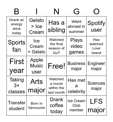 Ice Cream Club Bingo Card