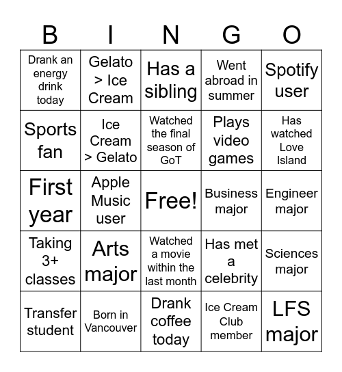 Ice Cream Club Bingo Card