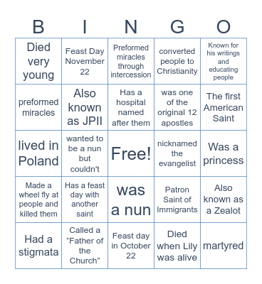 Saint Bingo Card