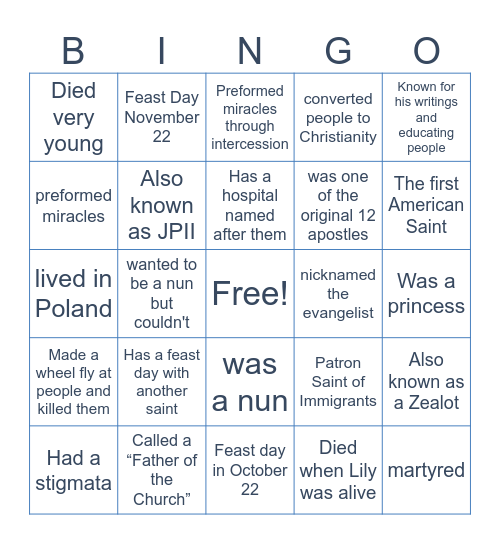 Saint Bingo Card