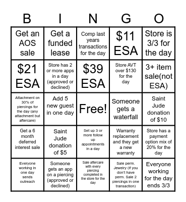 Team BLING Store Bingo Card