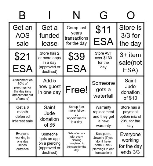 Team BLING Store Bingo Card