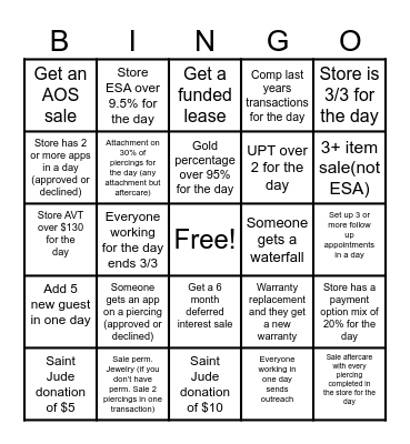 Team BLING Store Bingo Card