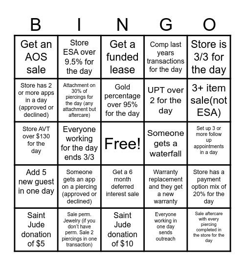 Team BLING Store Bingo Card