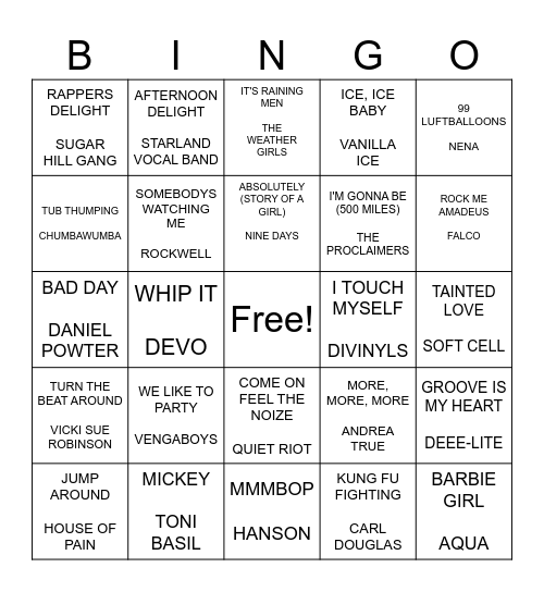 ONE HIT WONDERS! Bingo Card