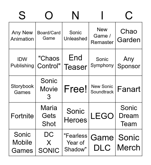 Sonic Bingo Card Bingo Card