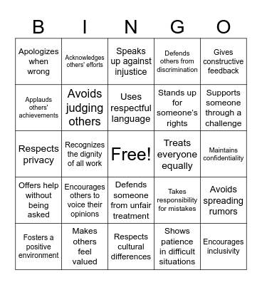 Dignity Bingo Card