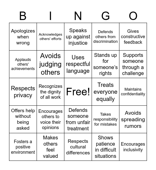 Dignity Bingo Card