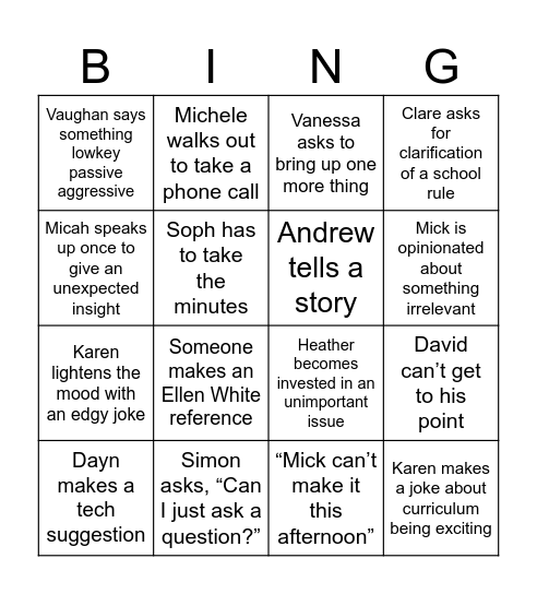 Staff Meeting Bingo Card