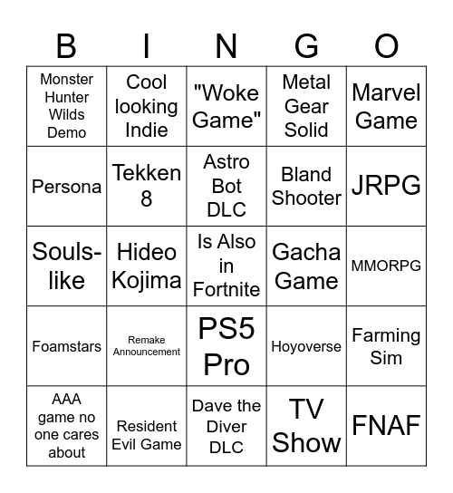 Playstation State of Play Sep 2024 Bingo Card